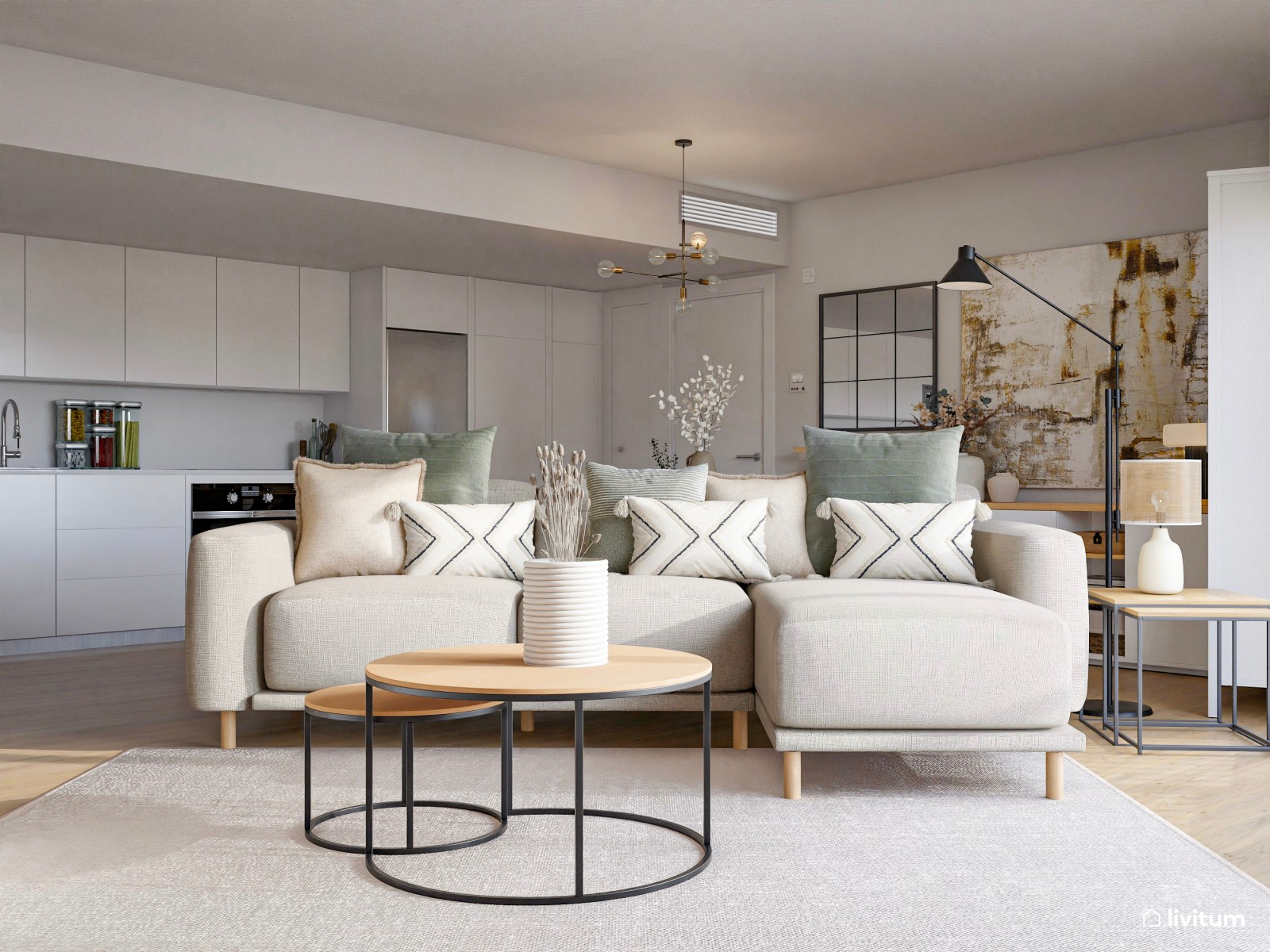 Salón comedor de planta irregular con cocina abierta de estilo industrial