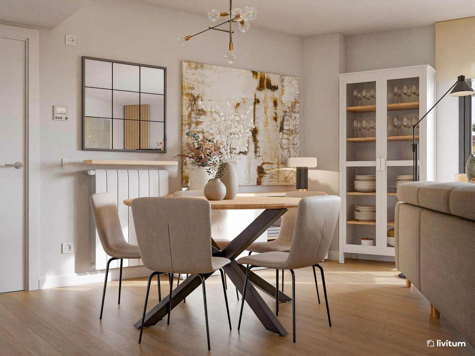 Salón comedor de planta irregular con cocina abierta de estilo industrial
