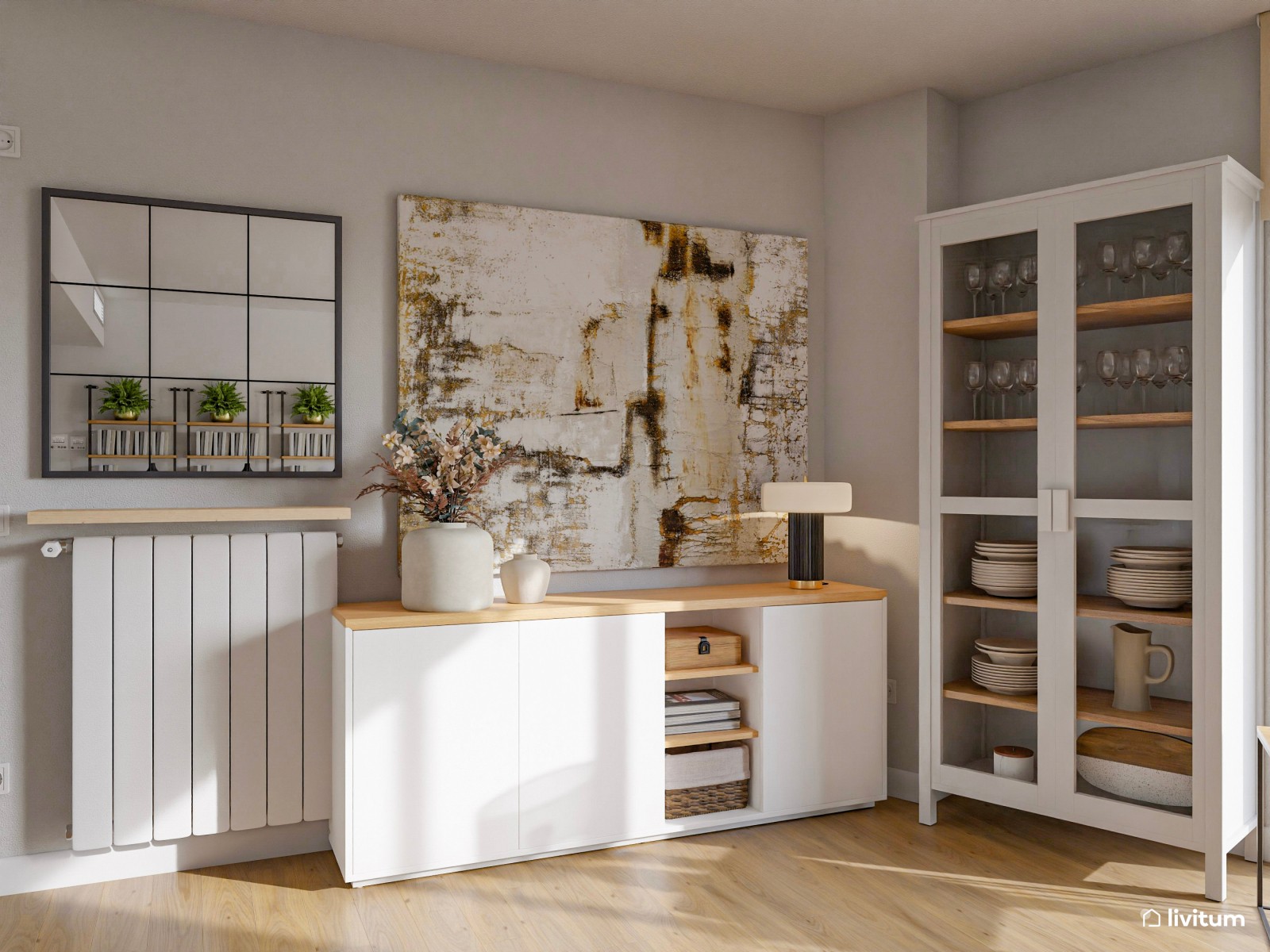 Salón comedor de planta irregular con cocina abierta de estilo industrial