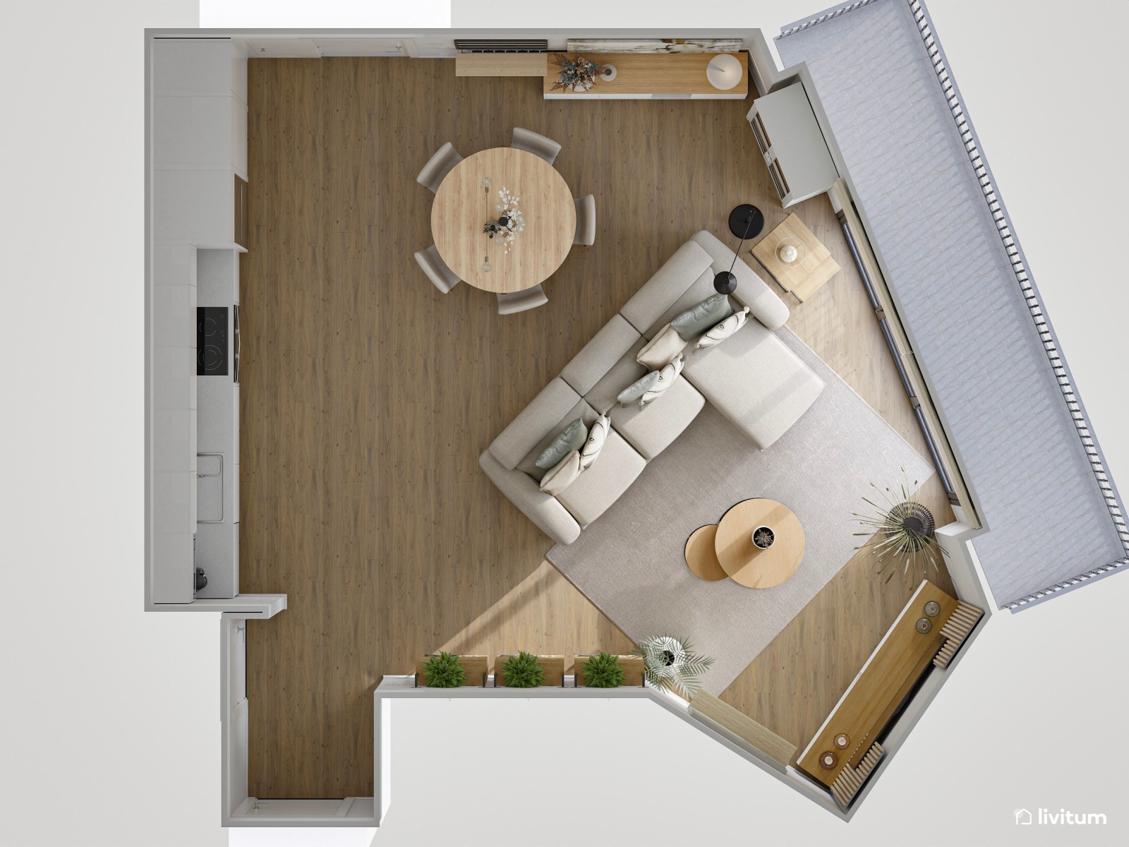 Salón comedor de planta irregular con cocina abierta de estilo industrial