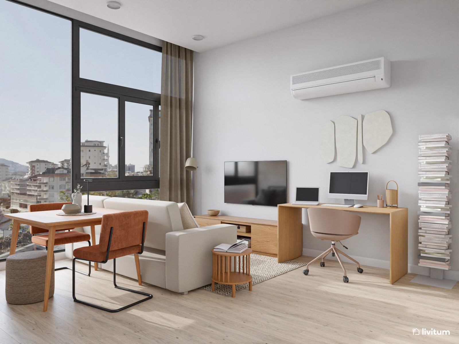 Salón comedor de planta irregular con cocina abierta y zona de escritorio