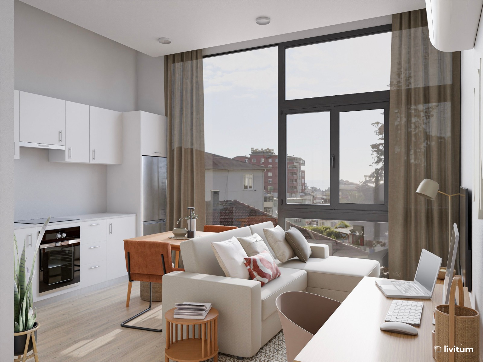 Salón comedor de planta irregular con cocina abierta y zona de escritorio