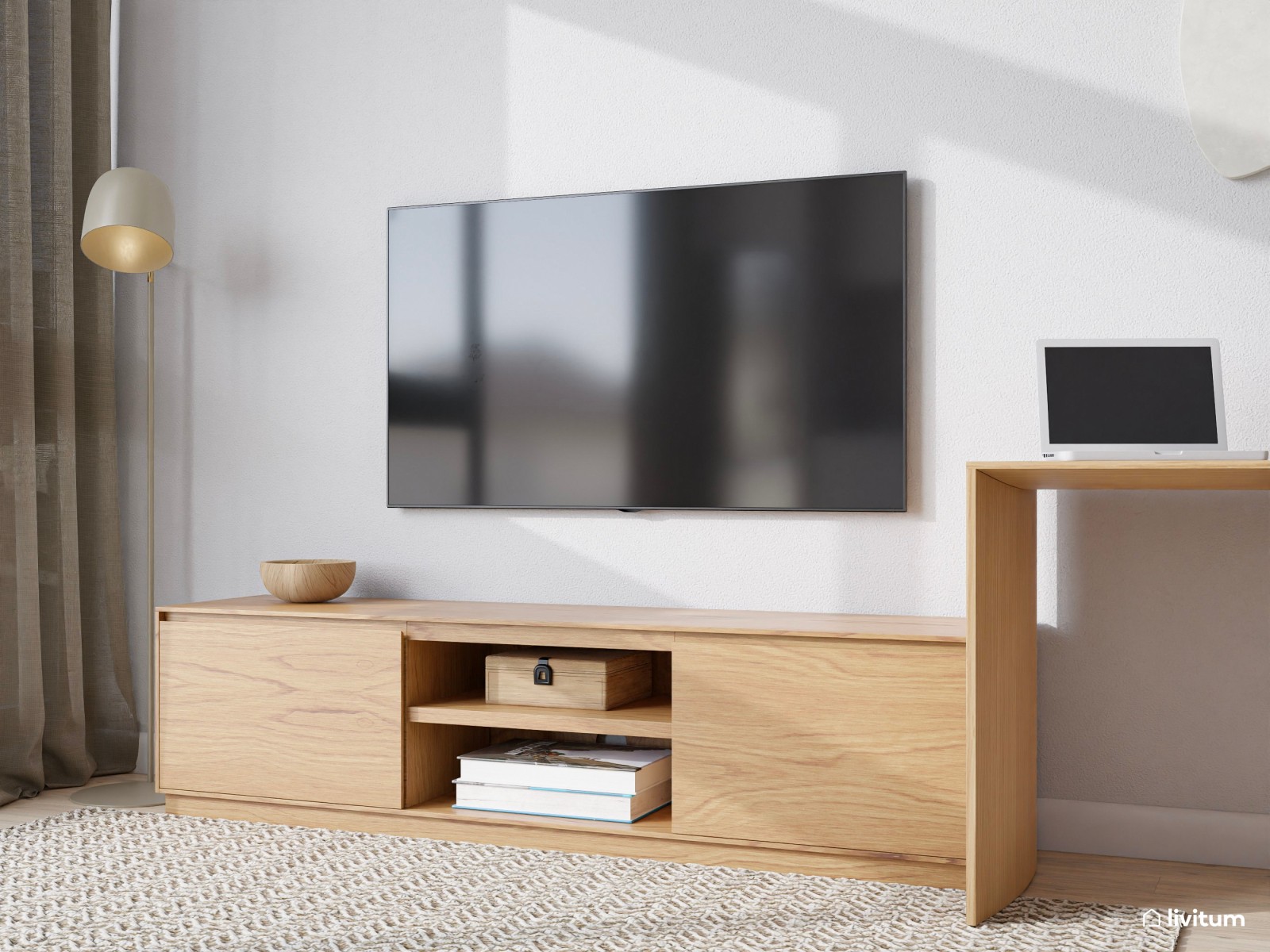 Salón comedor de planta irregular con cocina abierta y zona de escritorio