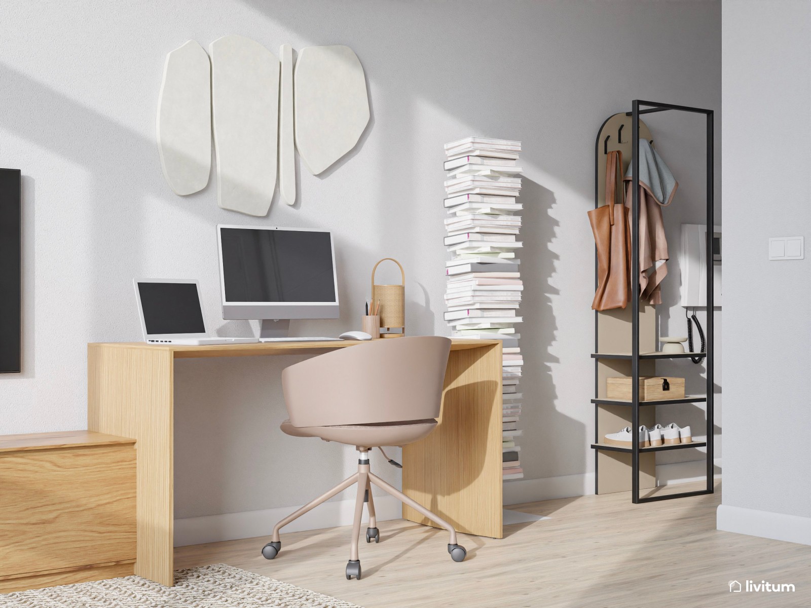 Salón comedor de planta irregular con cocina abierta y zona de escritorio