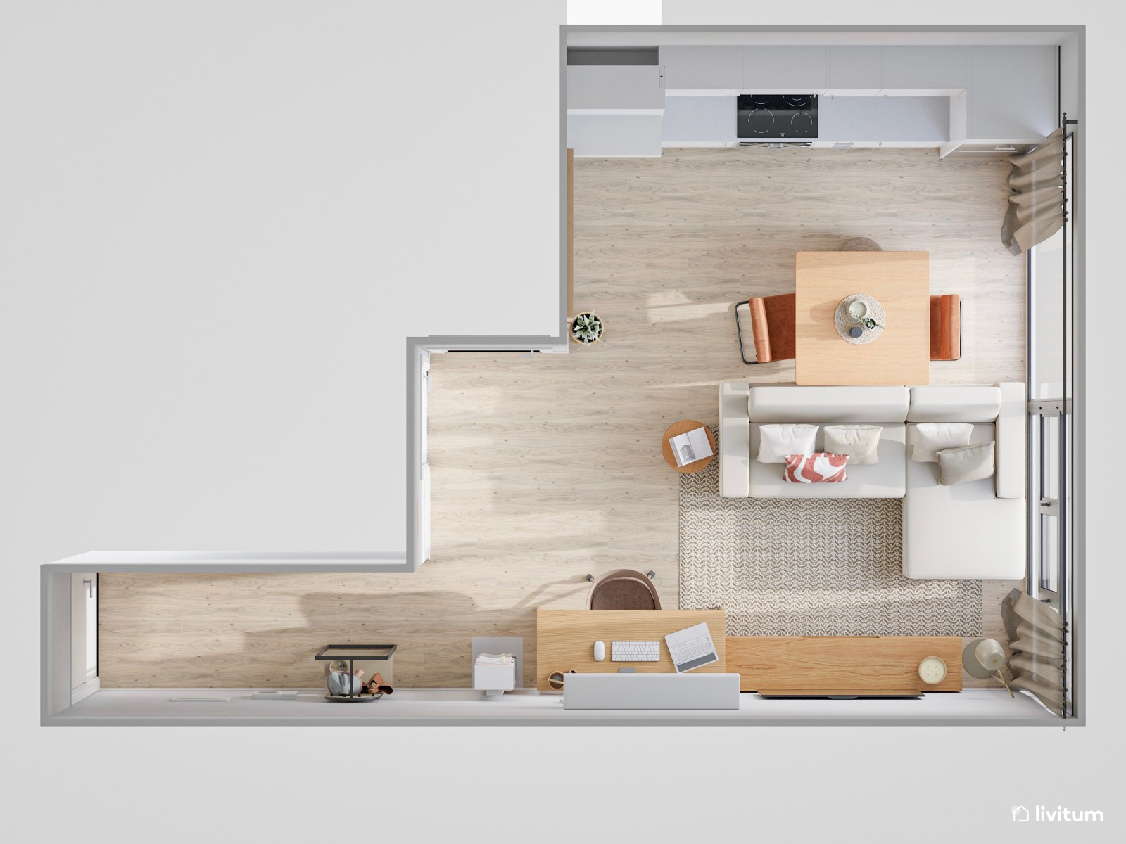 Salón comedor de planta irregular con cocina abierta y zona de escritorio