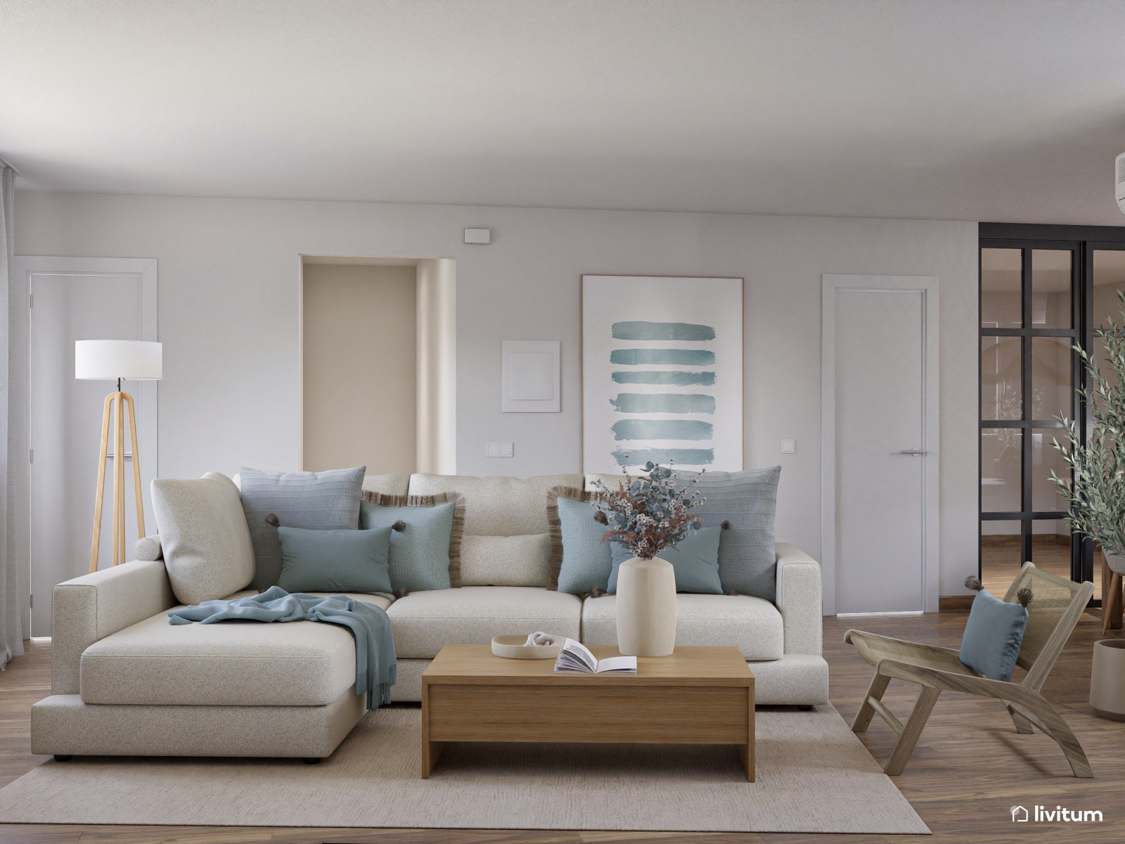 Salón comedor de planta irregular de estilo nórdico con detalles en azul cielo