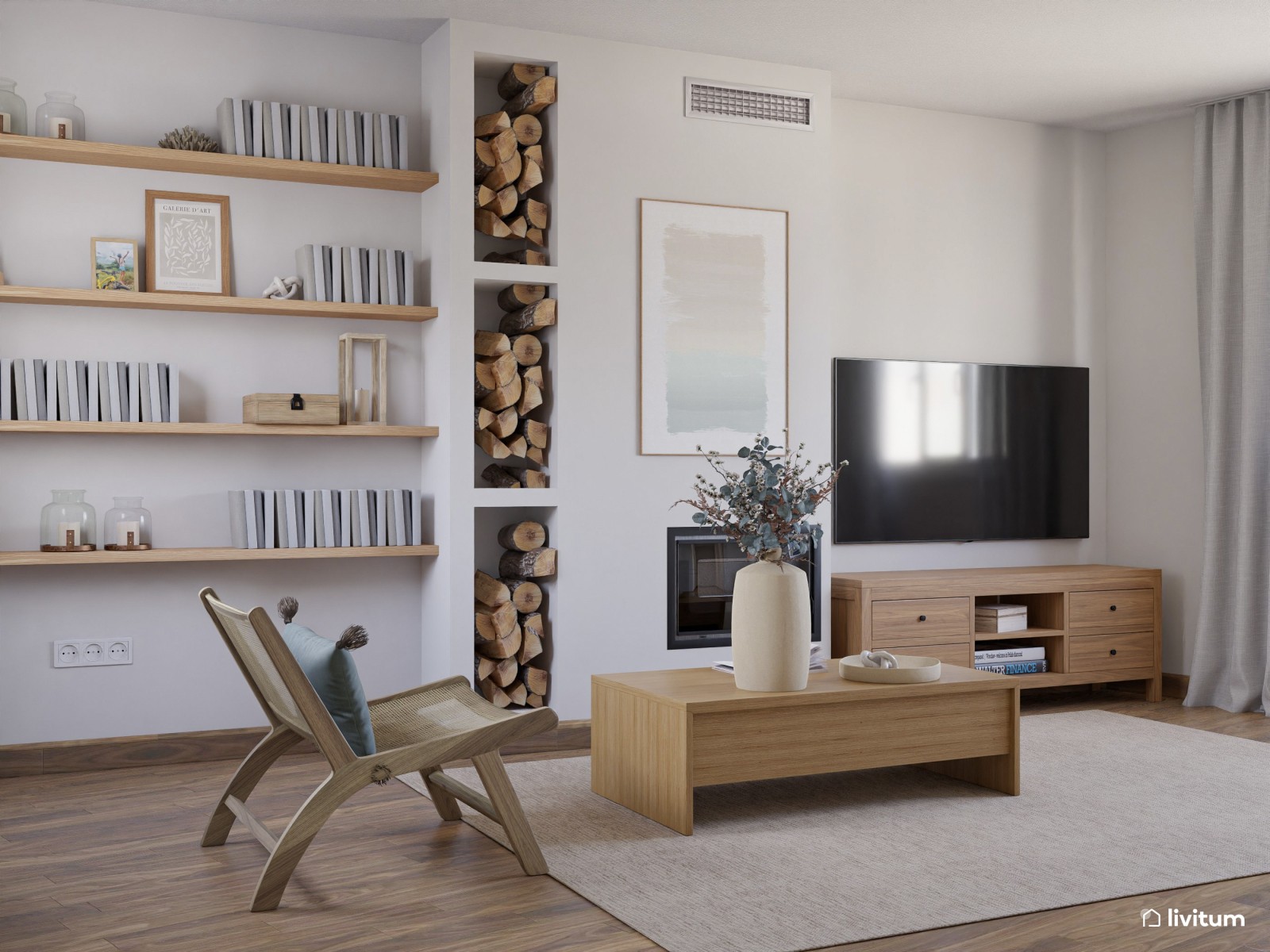 Salón comedor de planta irregular de estilo nórdico con detalles en azul cielo