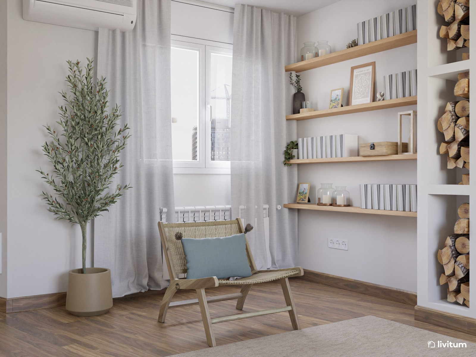 Salón comedor de planta irregular de estilo nórdico con detalles en azul cielo