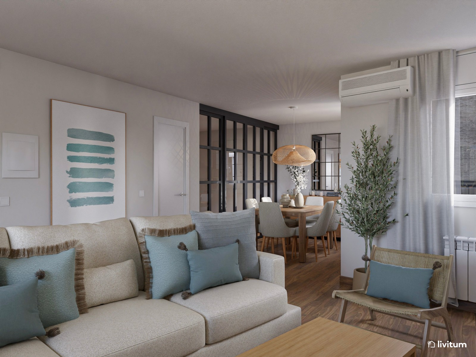 Salón comedor de planta irregular de estilo nórdico con detalles en azul cielo