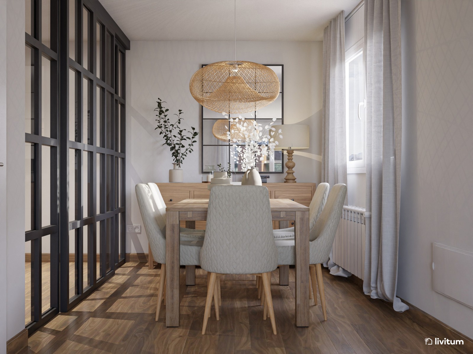 Salón comedor de planta irregular de estilo nórdico con detalles en azul cielo