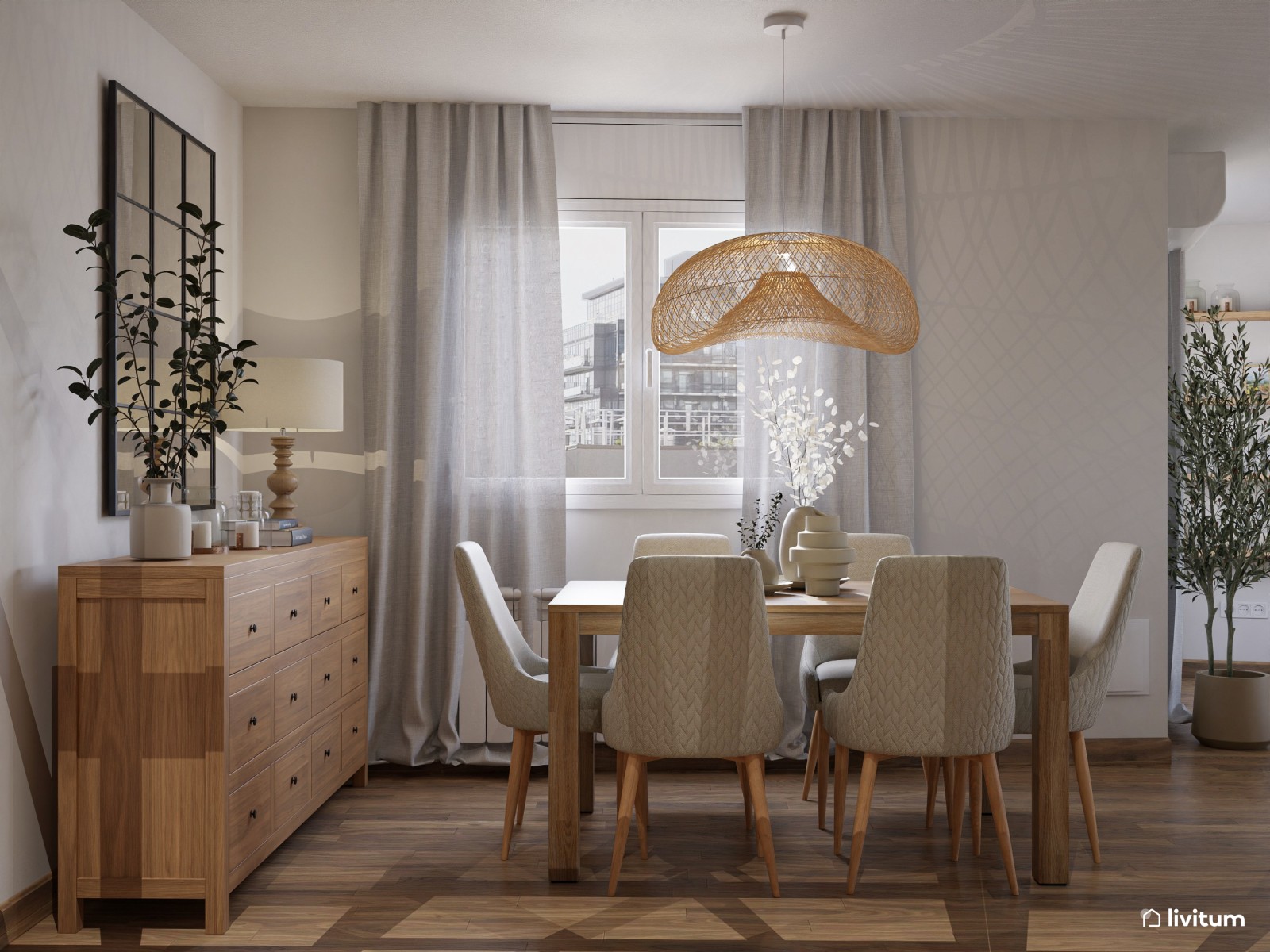 Salón comedor de planta irregular de estilo nórdico con detalles en azul cielo
