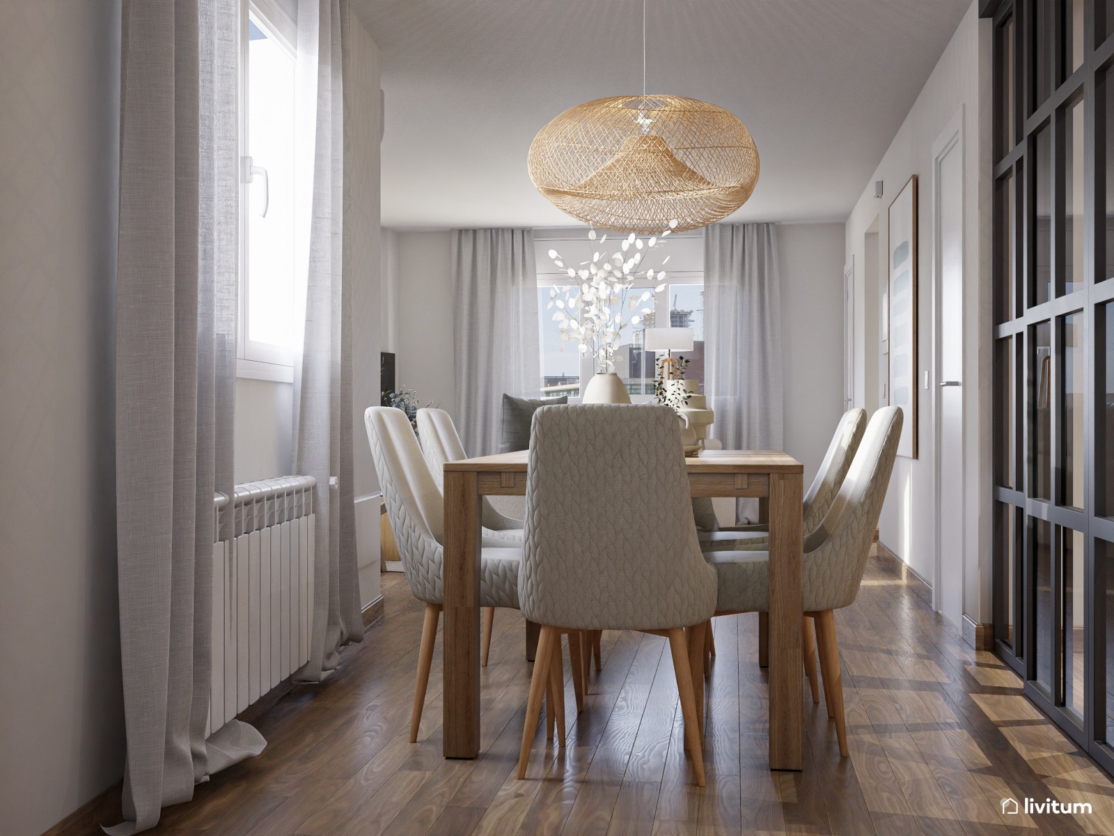 Salón comedor de planta irregular de estilo nórdico con detalles en azul cielo