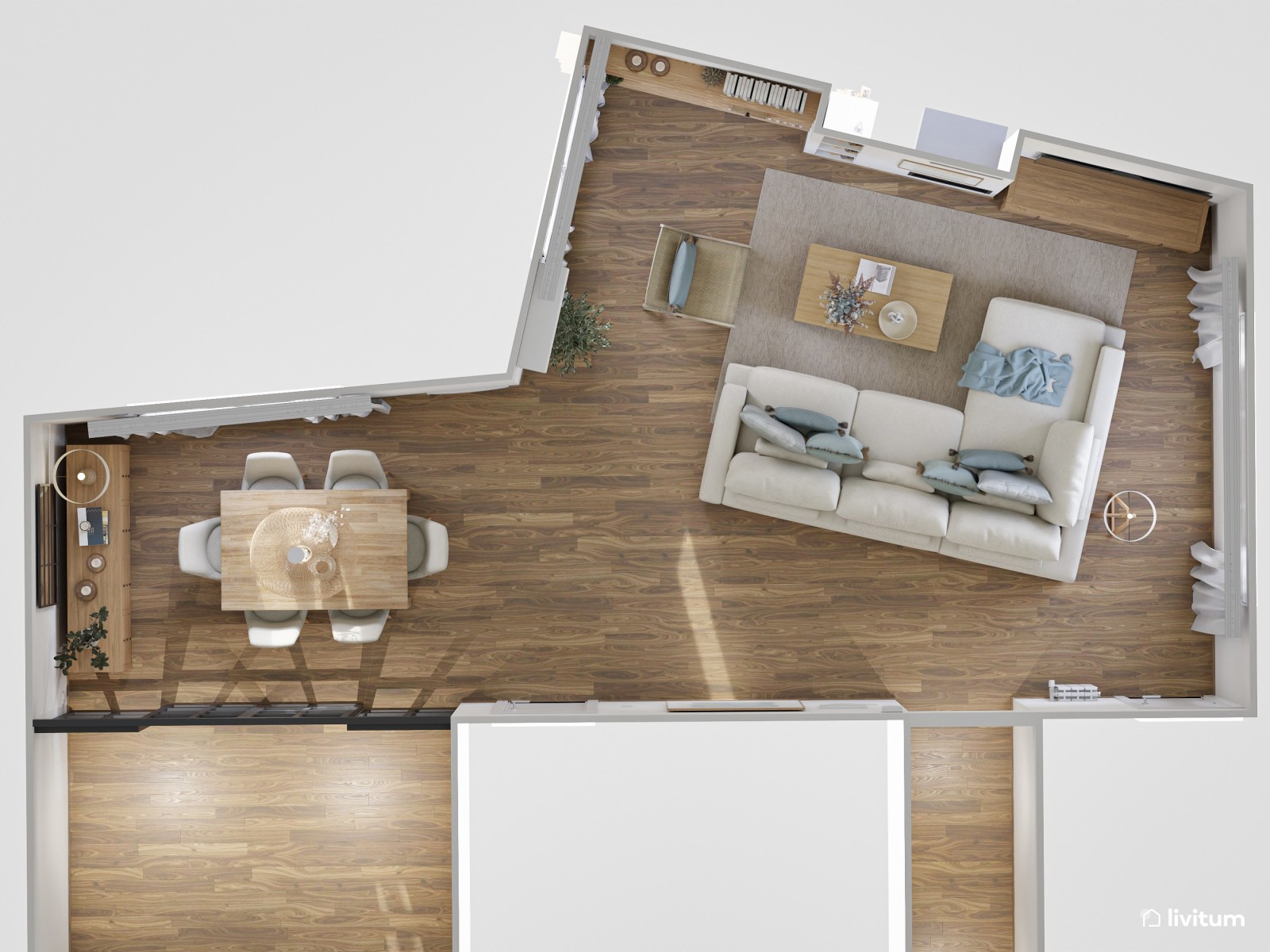 Salón comedor de planta irregular de estilo nórdico con detalles en azul cielo