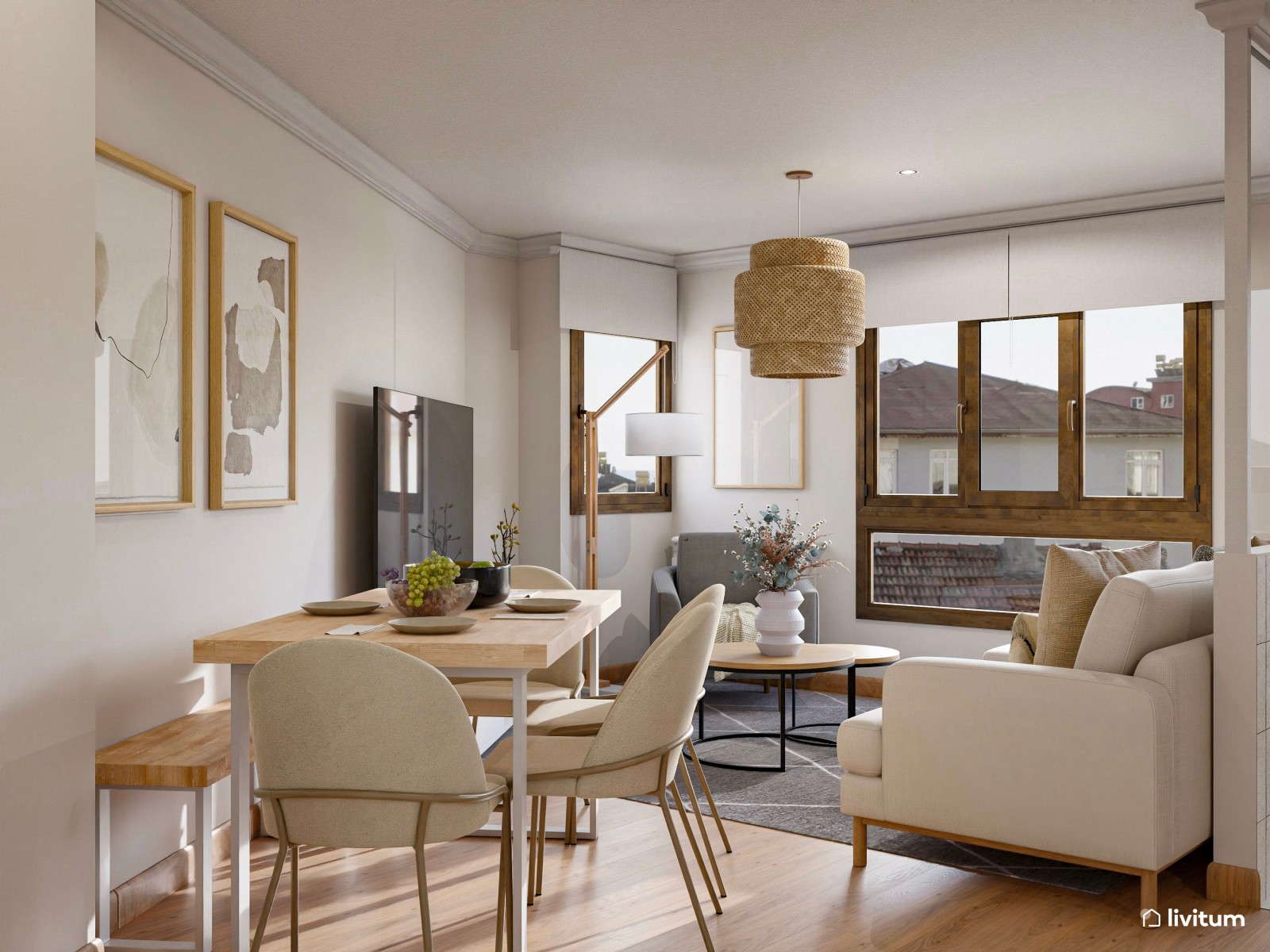 Salón comedor de planta irregular de estilo nórdico con detalles en gris oscuro