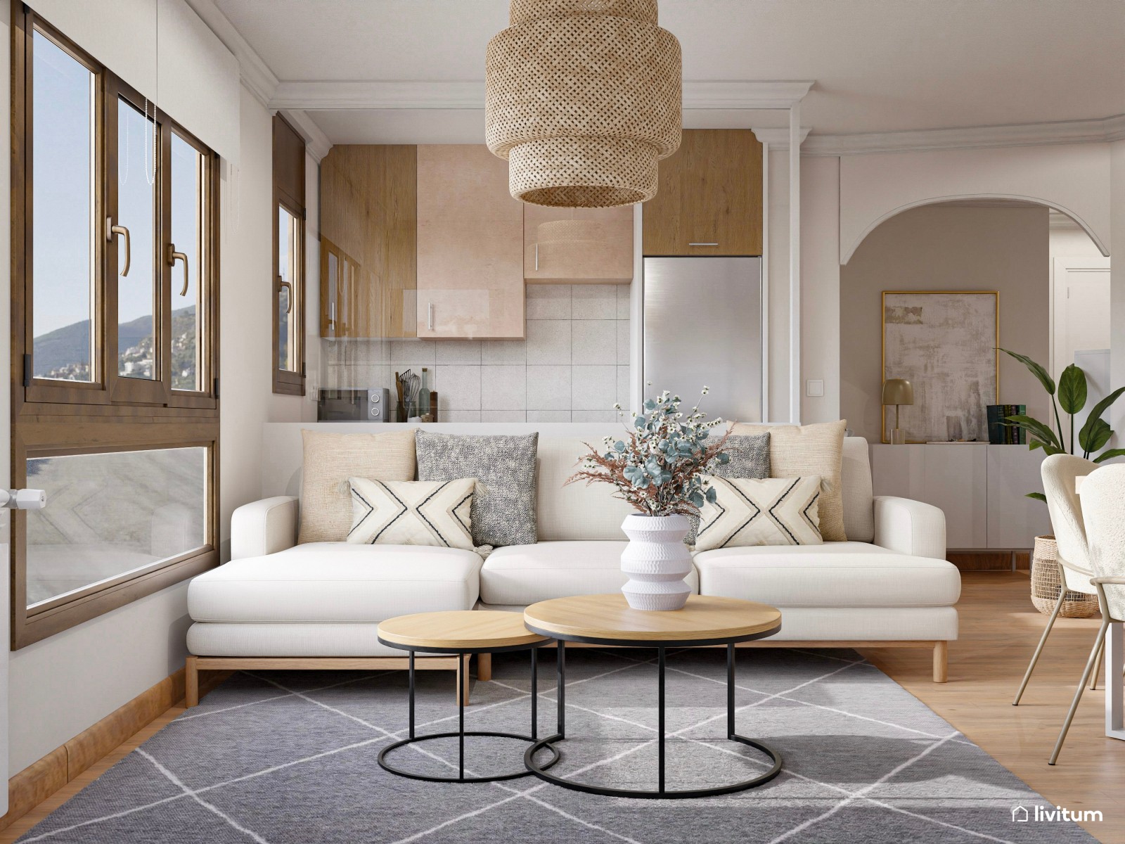 Salón comedor de planta irregular de estilo nórdico con detalles en gris oscuro