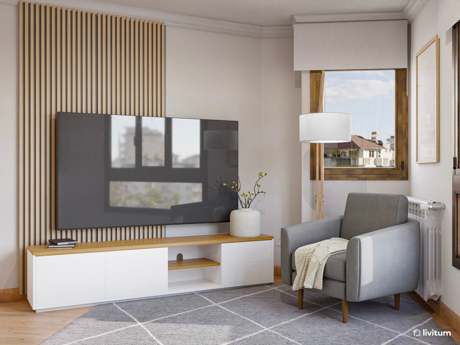 Salón comedor de planta irregular de estilo nórdico con detalles en gris oscuro