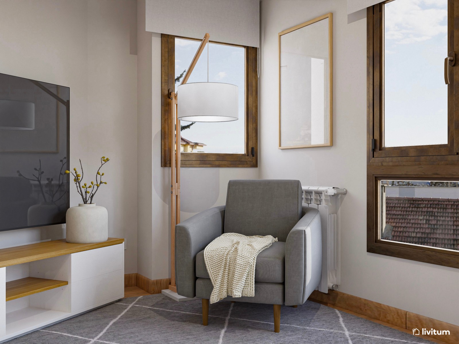 Salón comedor de planta irregular de estilo nórdico con detalles en gris oscuro