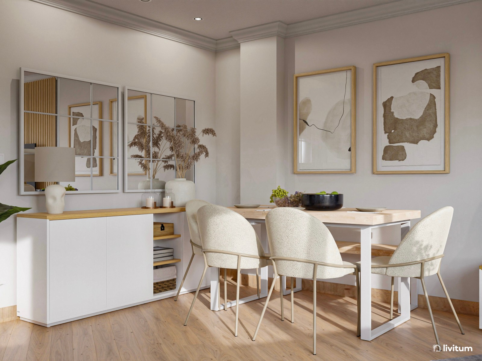 Salón comedor de planta irregular de estilo nórdico con detalles en gris oscuro