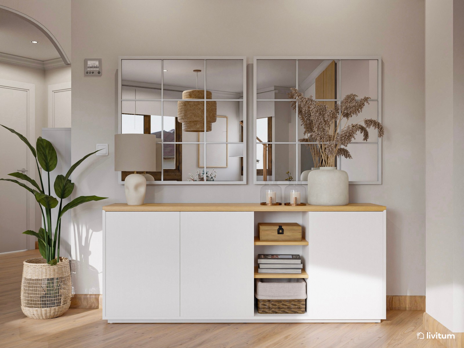 Salón comedor de planta irregular de estilo nórdico con detalles en gris oscuro