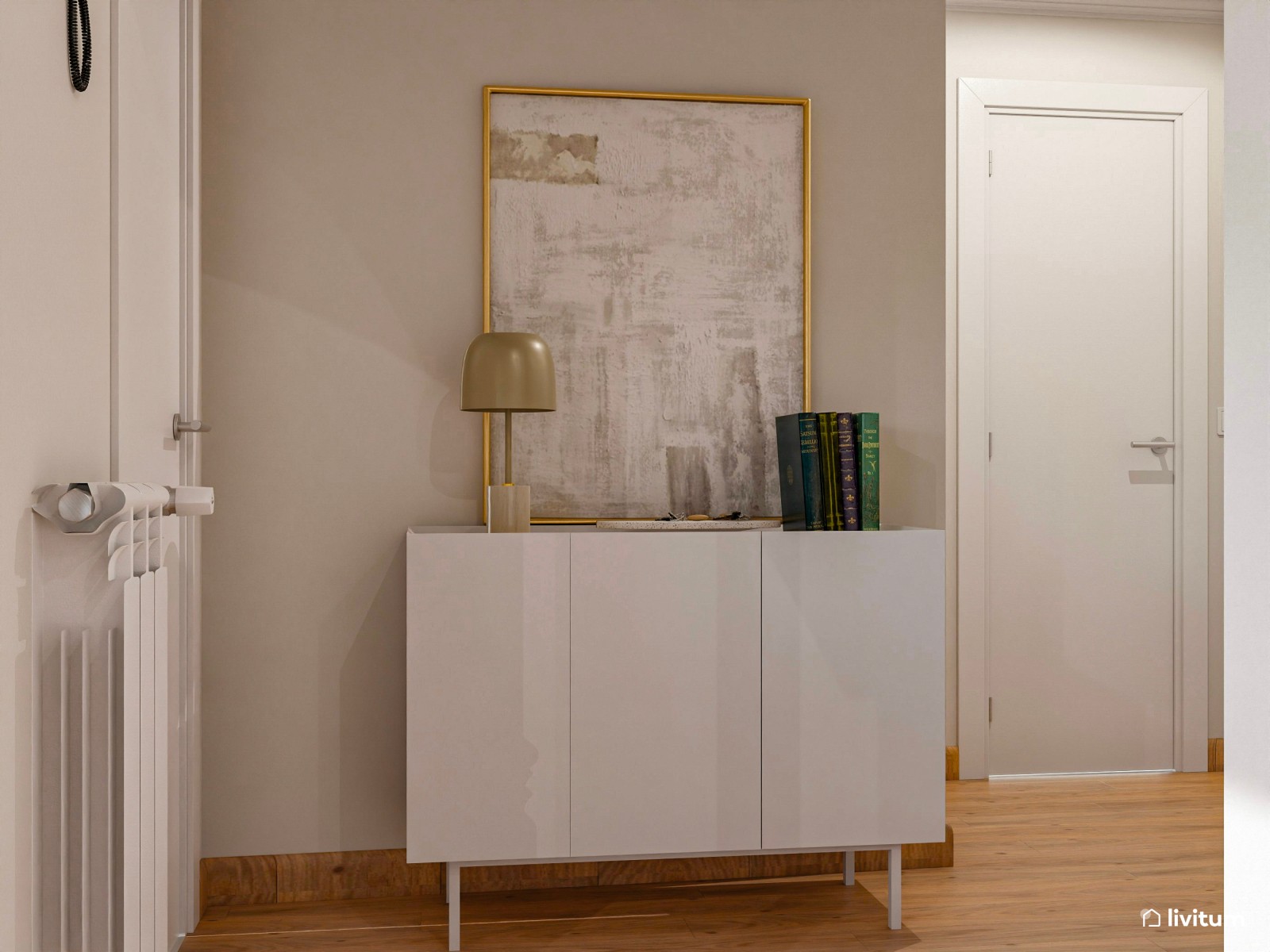 Salón comedor de planta irregular de estilo nórdico con detalles en gris oscuro