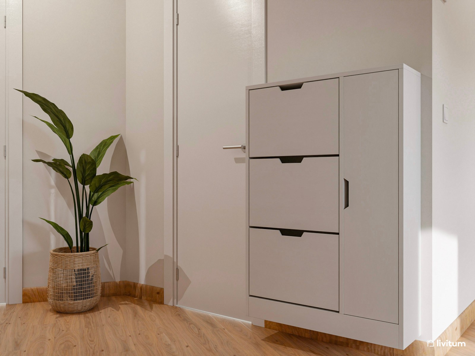 Salón comedor de planta irregular de estilo nórdico con detalles en gris oscuro