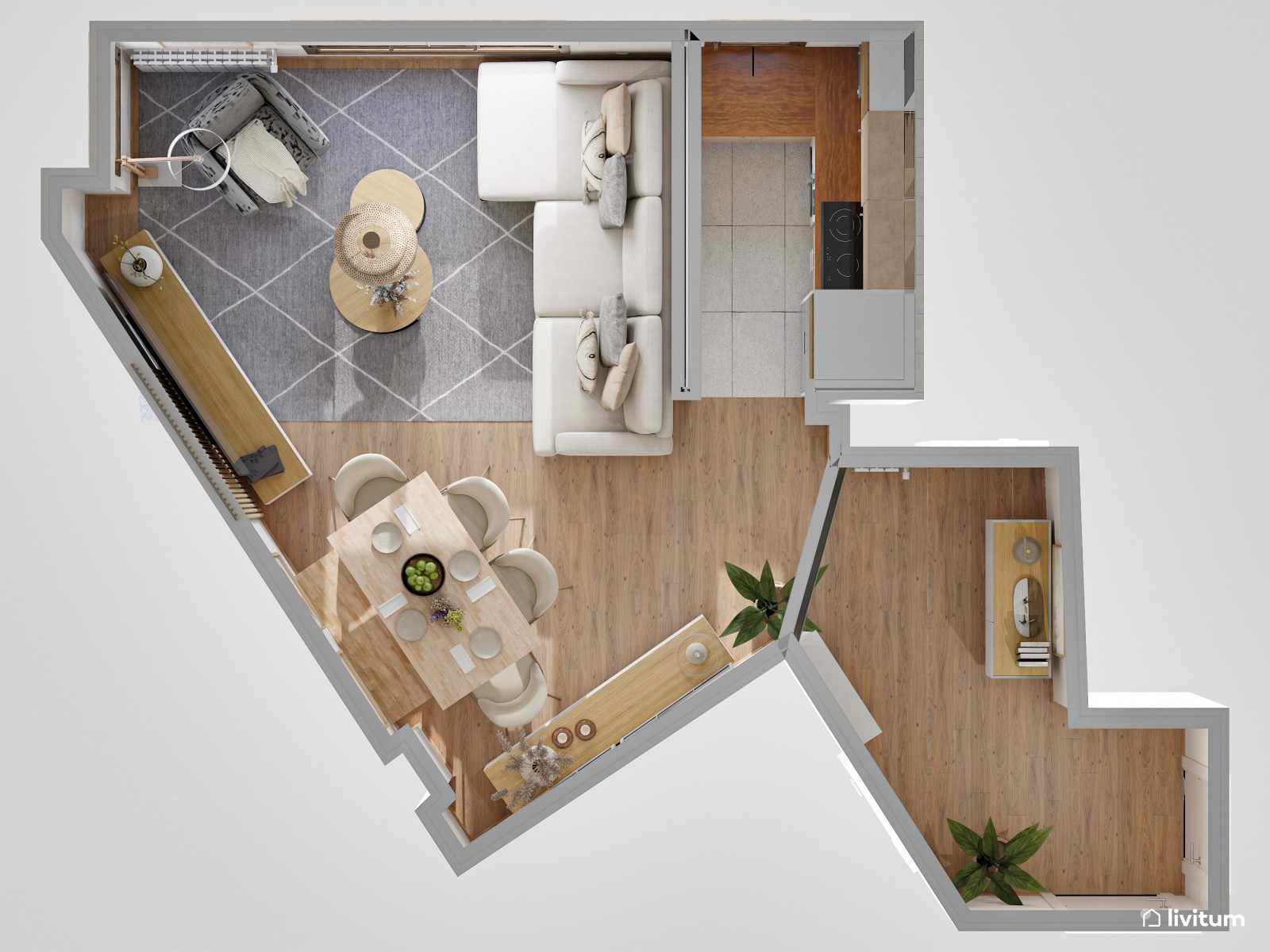 Salón comedor de planta irregular de estilo nórdico con detalles en gris oscuro