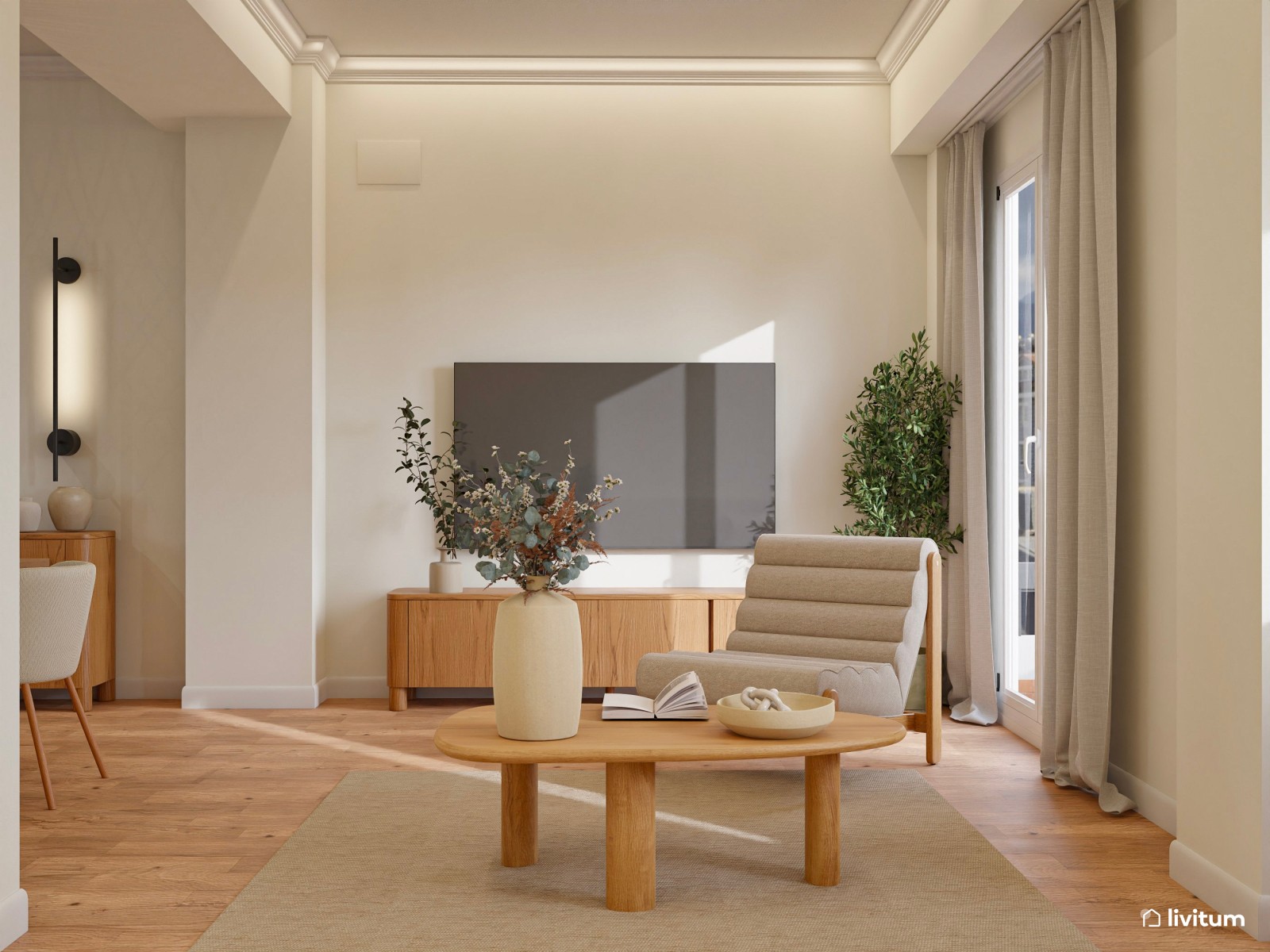 Salón comedor de planta irregular de estilo nórdico con zona de despacho