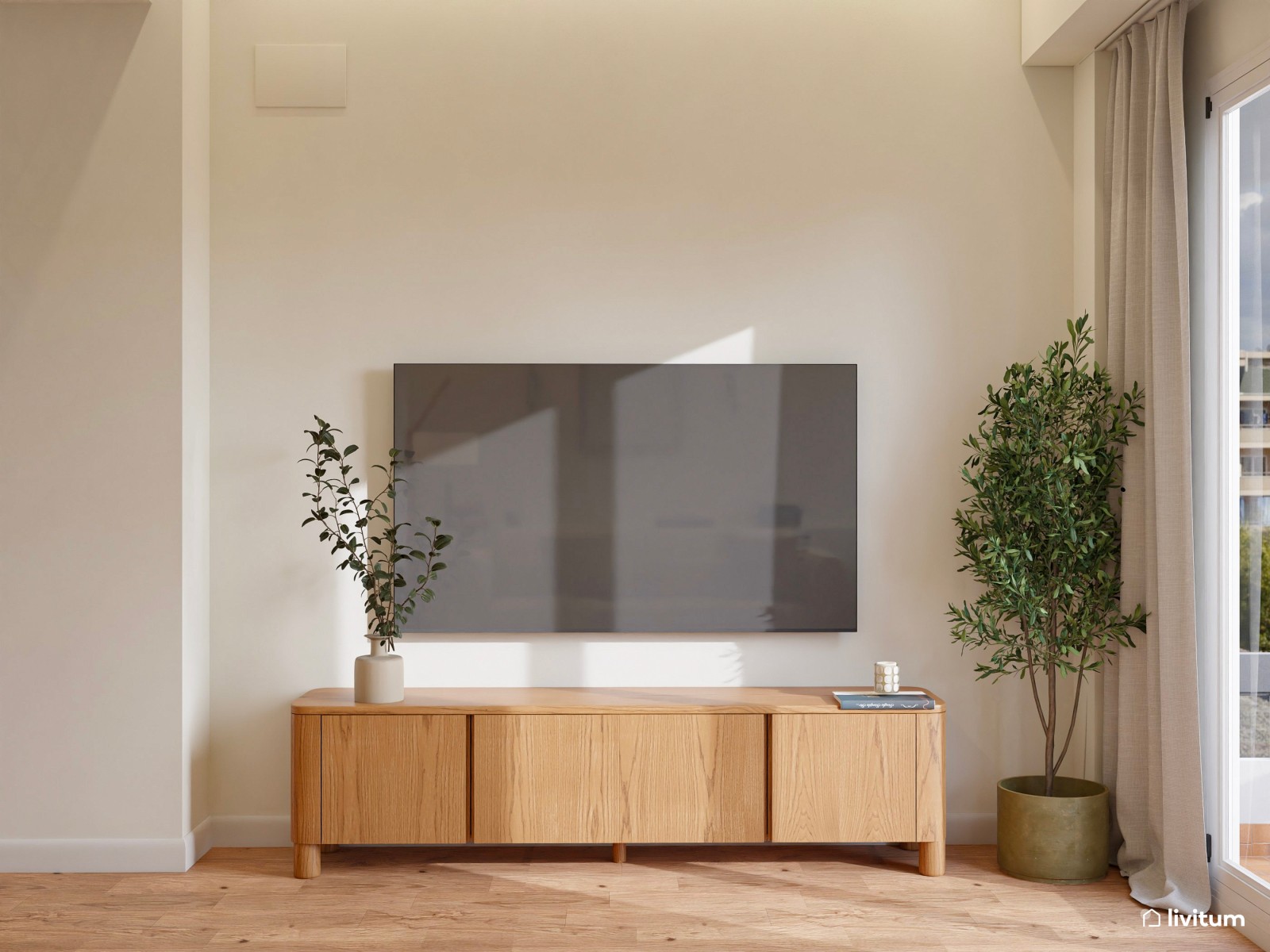 Salón comedor de planta irregular de estilo nórdico con zona de despacho