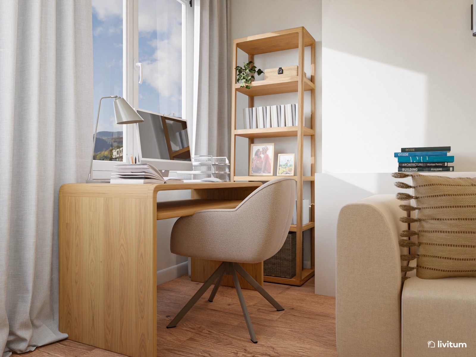 Salón comedor de planta irregular de estilo nórdico con zona de despacho