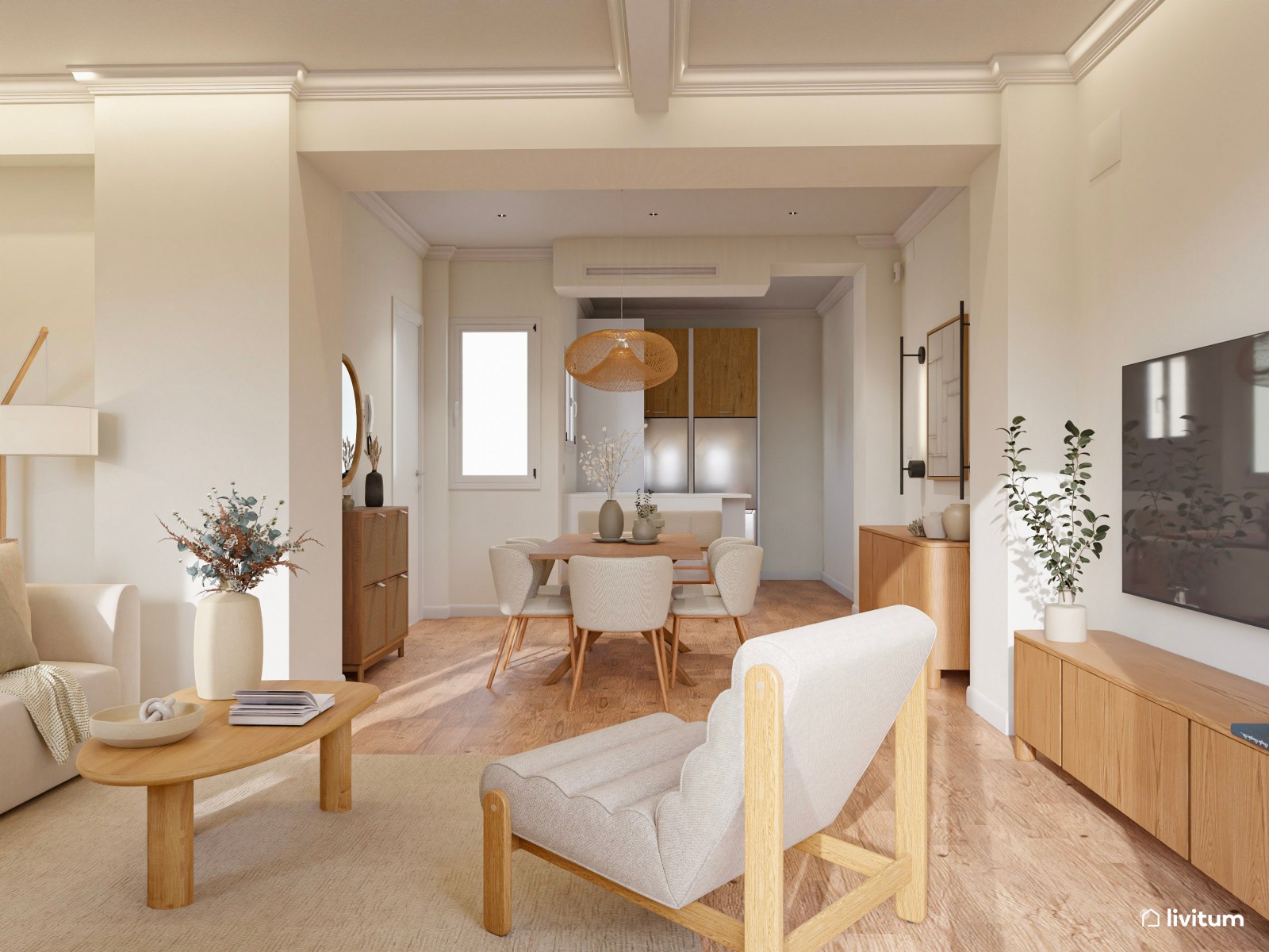 Salón comedor de planta irregular de estilo nórdico con zona de despacho