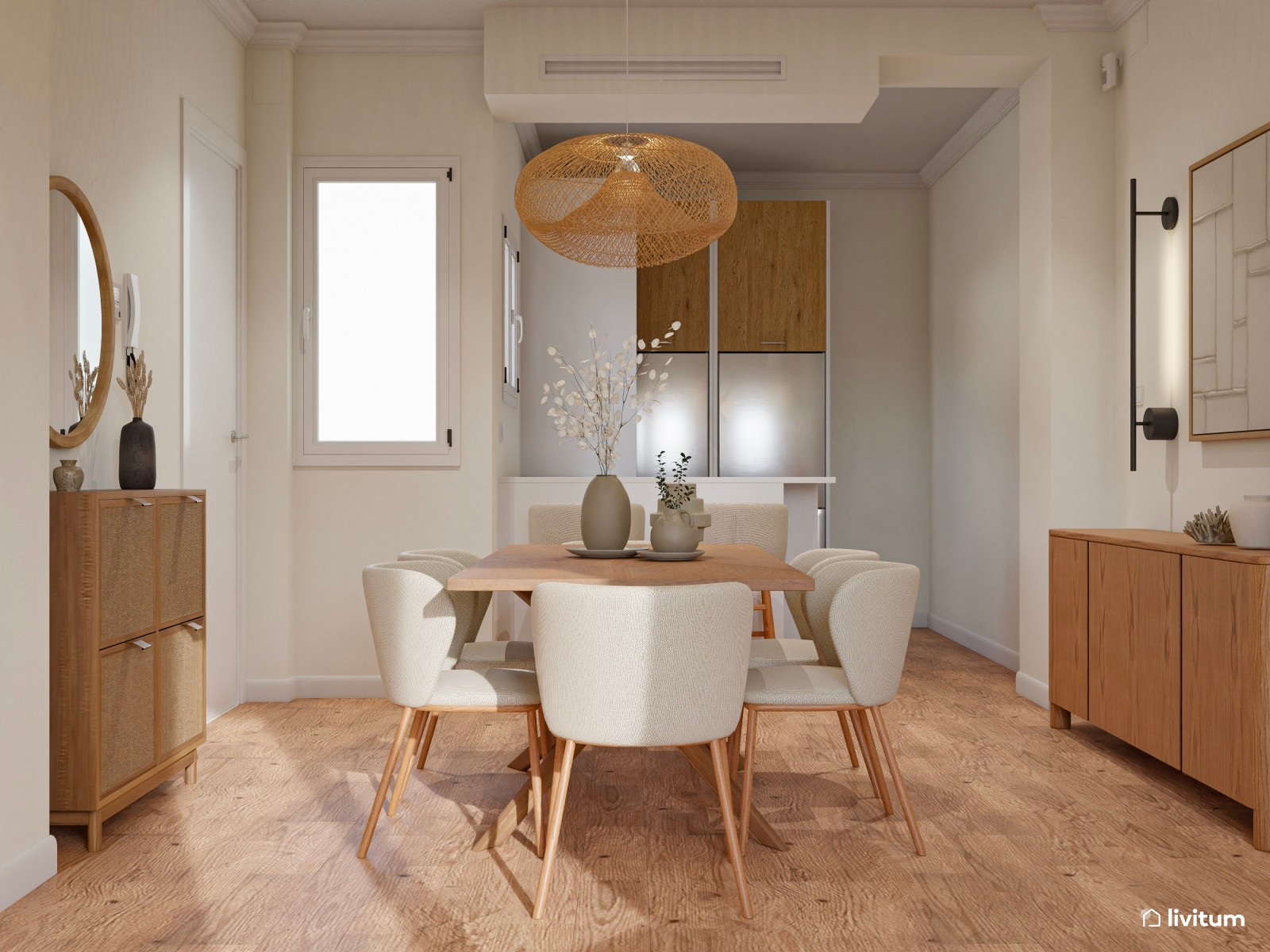 Salón comedor de planta irregular de estilo nórdico con zona de despacho