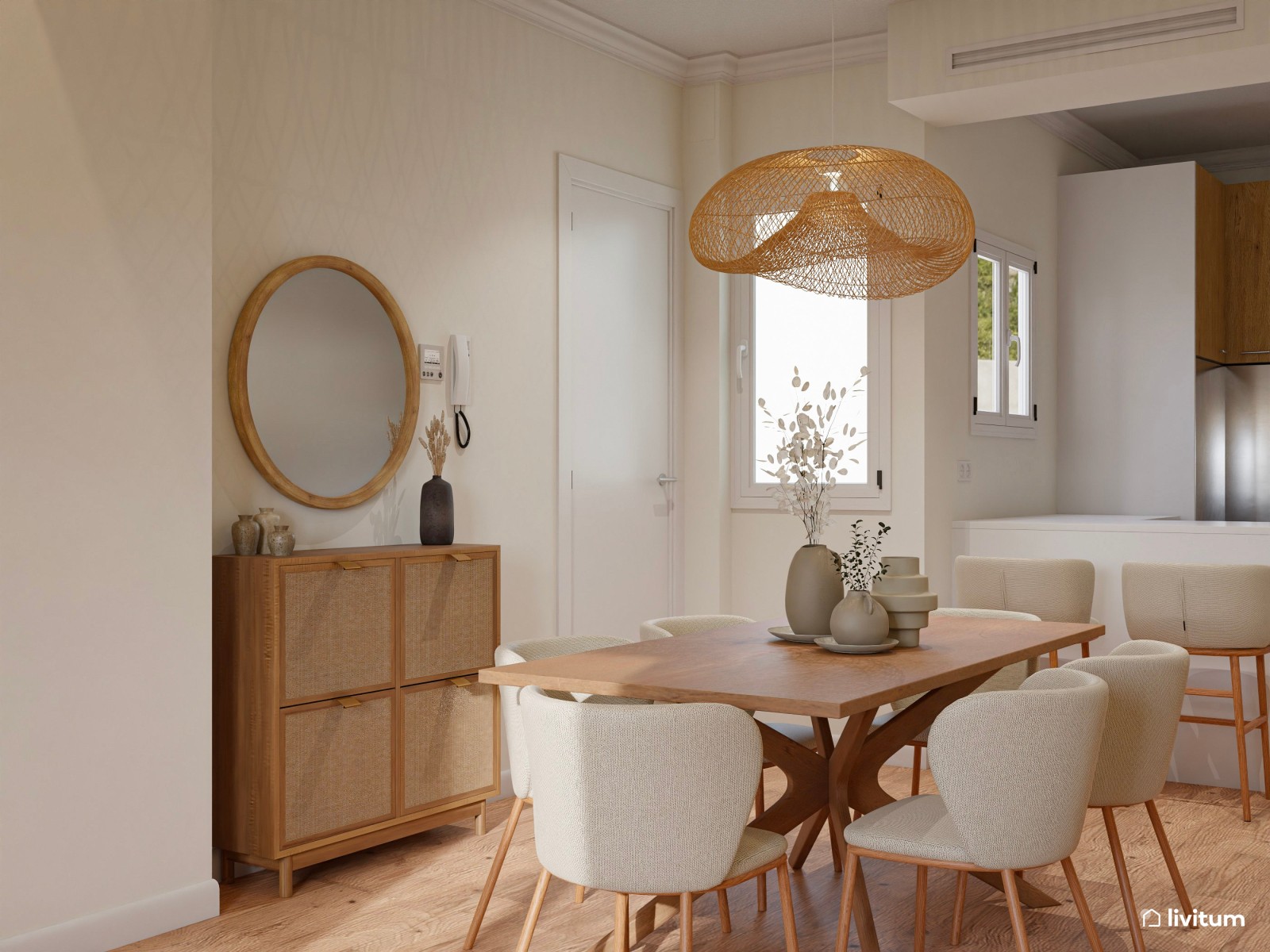 Salón comedor de planta irregular de estilo nórdico con zona de despacho