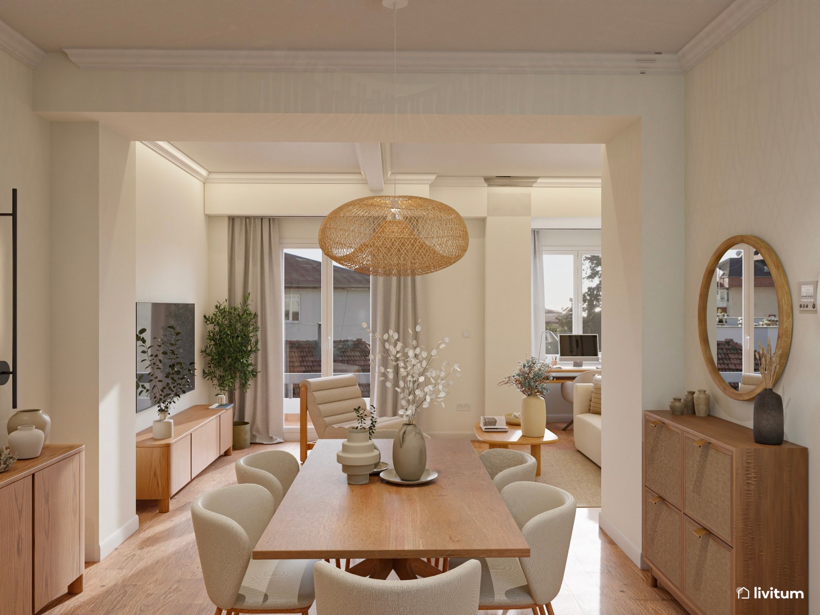 Salón comedor de planta irregular de estilo nórdico con zona de despacho