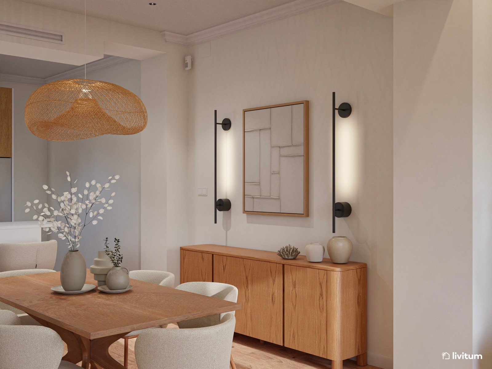 Salón comedor de planta irregular de estilo nórdico con zona de despacho