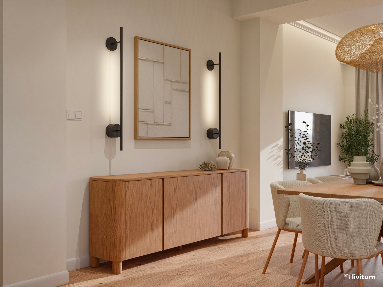 Salón comedor de planta irregular de estilo nórdico con zona de despacho