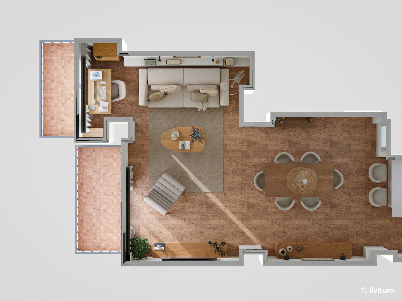 Salón comedor de planta irregular de estilo nórdico con zona de despacho