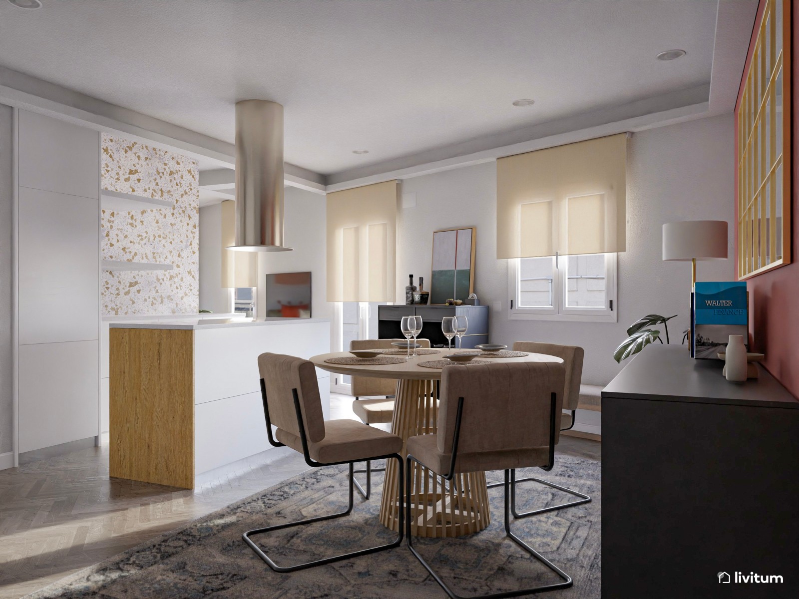 Salón comedor de planta irregular decorado con divertidos colores