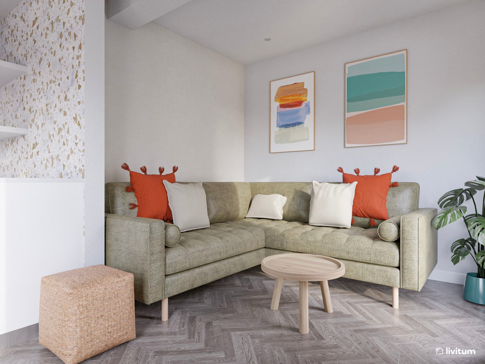 Salón comedor de planta irregular decorado con divertidos colores