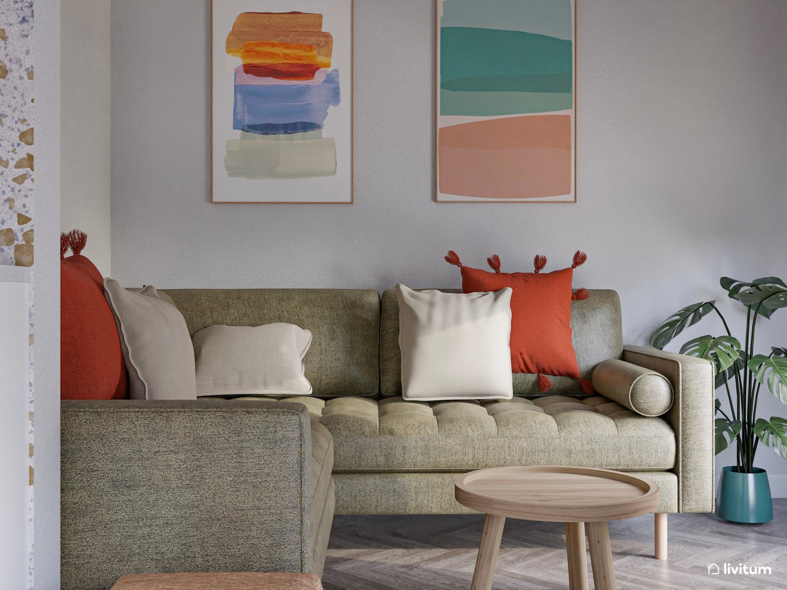 Salón comedor de planta irregular decorado con divertidos colores