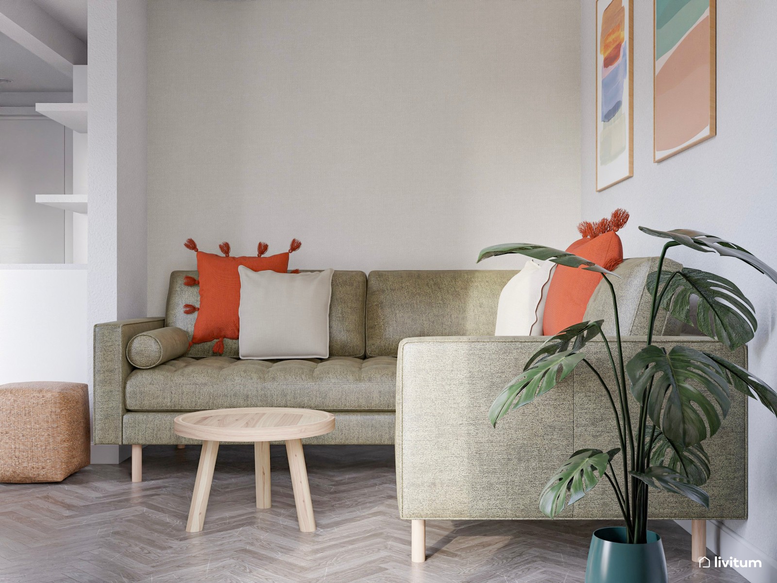 Salón comedor de planta irregular decorado con divertidos colores