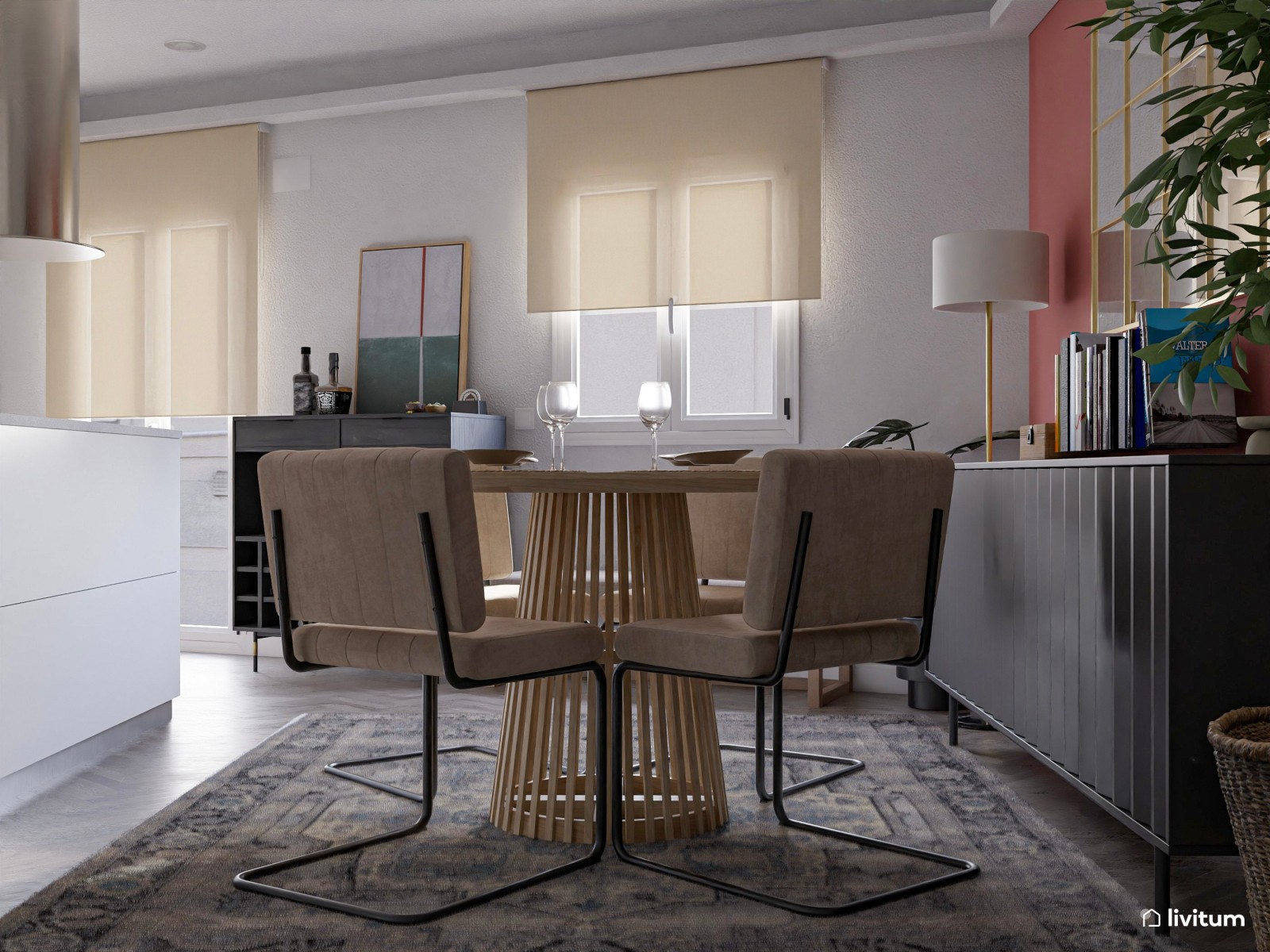 Salón comedor de planta irregular decorado con divertidos colores