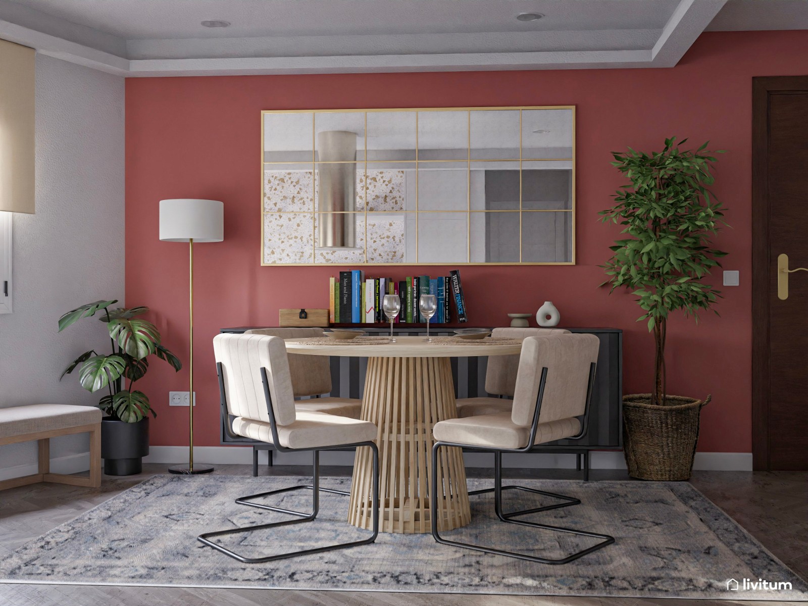 Salón comedor de planta irregular decorado con divertidos colores