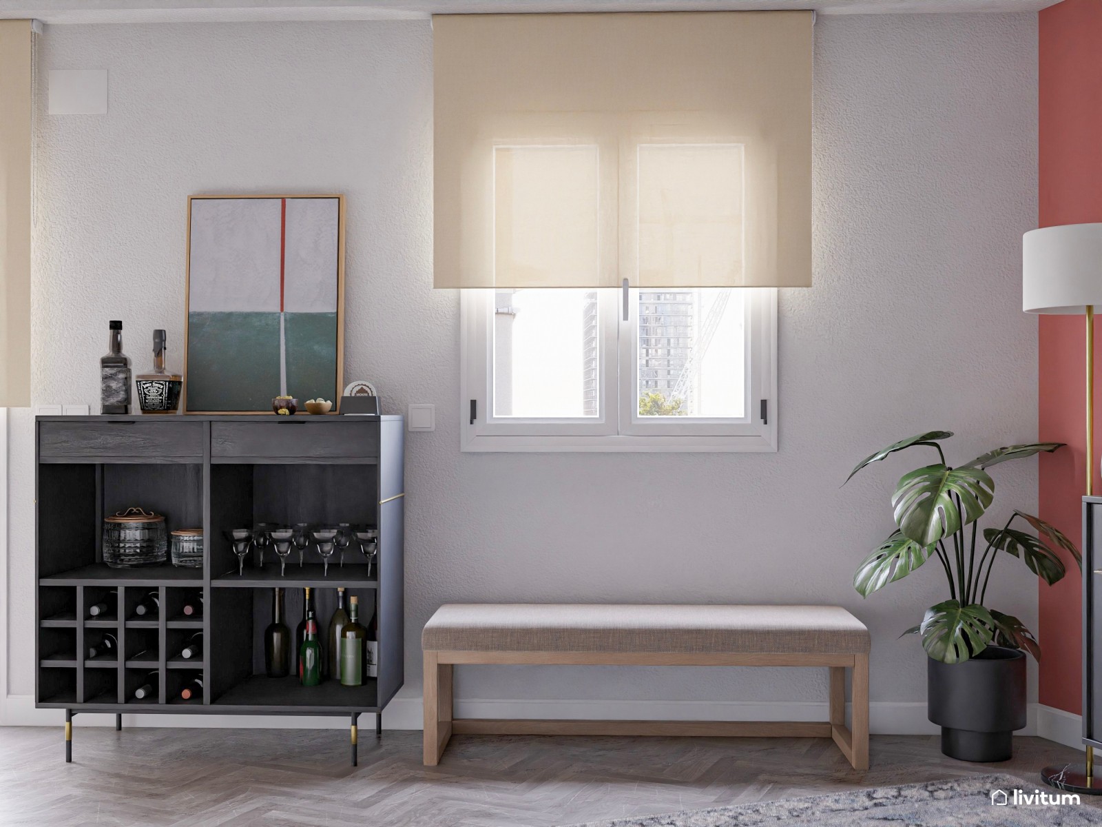 Salón comedor de planta irregular decorado con divertidos colores