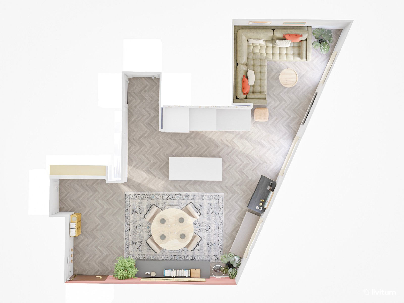 Salón comedor de planta irregular decorado con divertidos colores