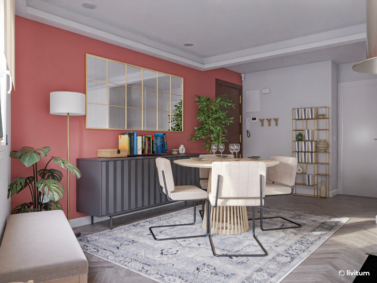 Salón comedor de planta irregular decorado con divertidos colores