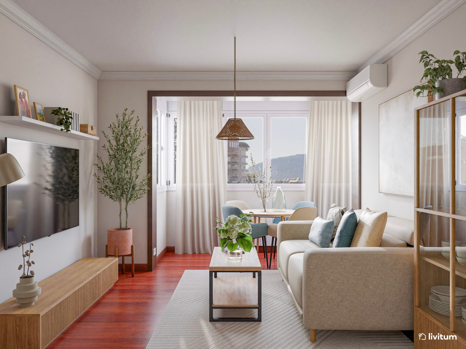 Salón comedor de tan solo 17 m² y suelo oscuro
