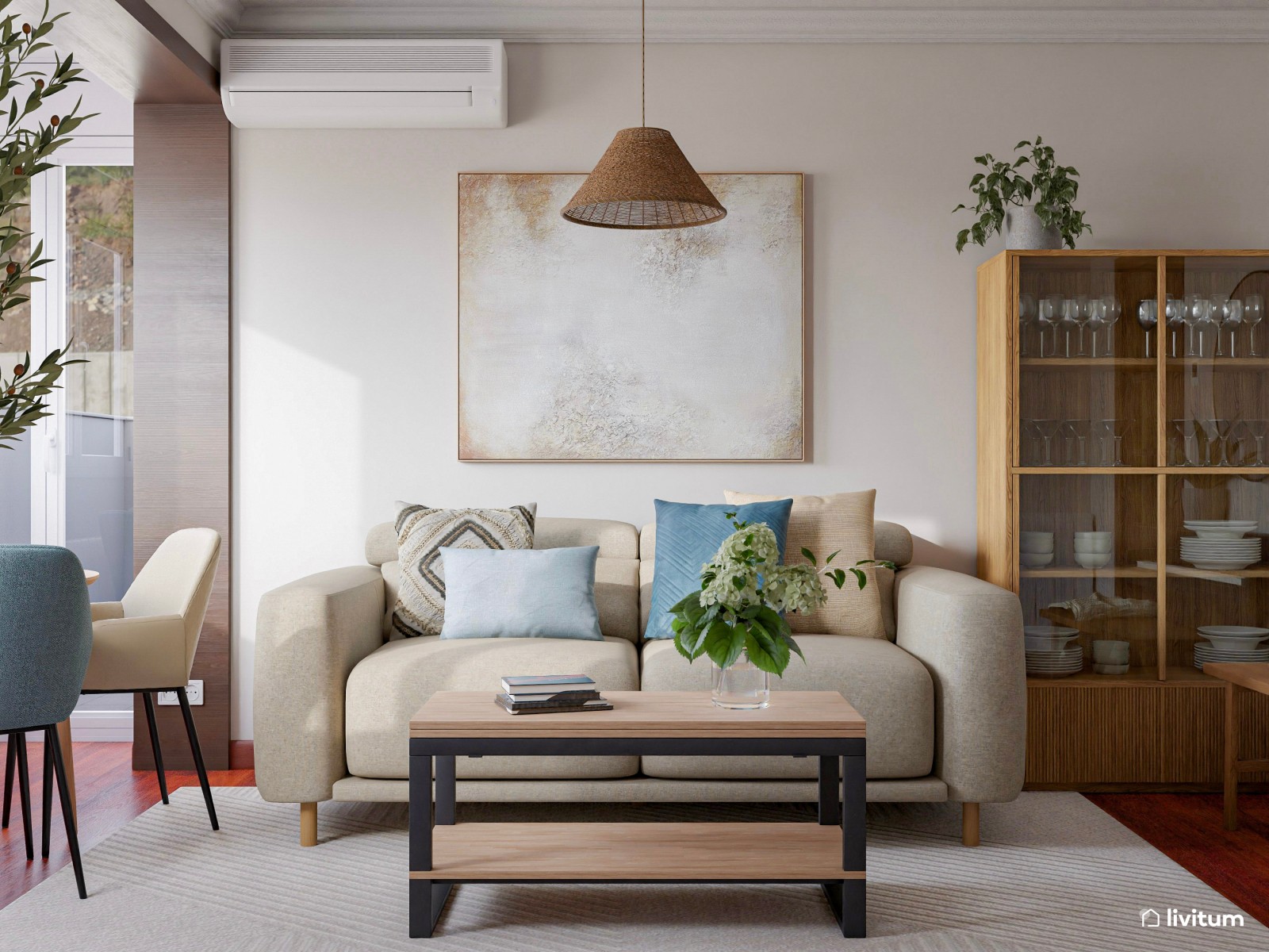 Salón comedor de tan solo 17 m² y suelo oscuro