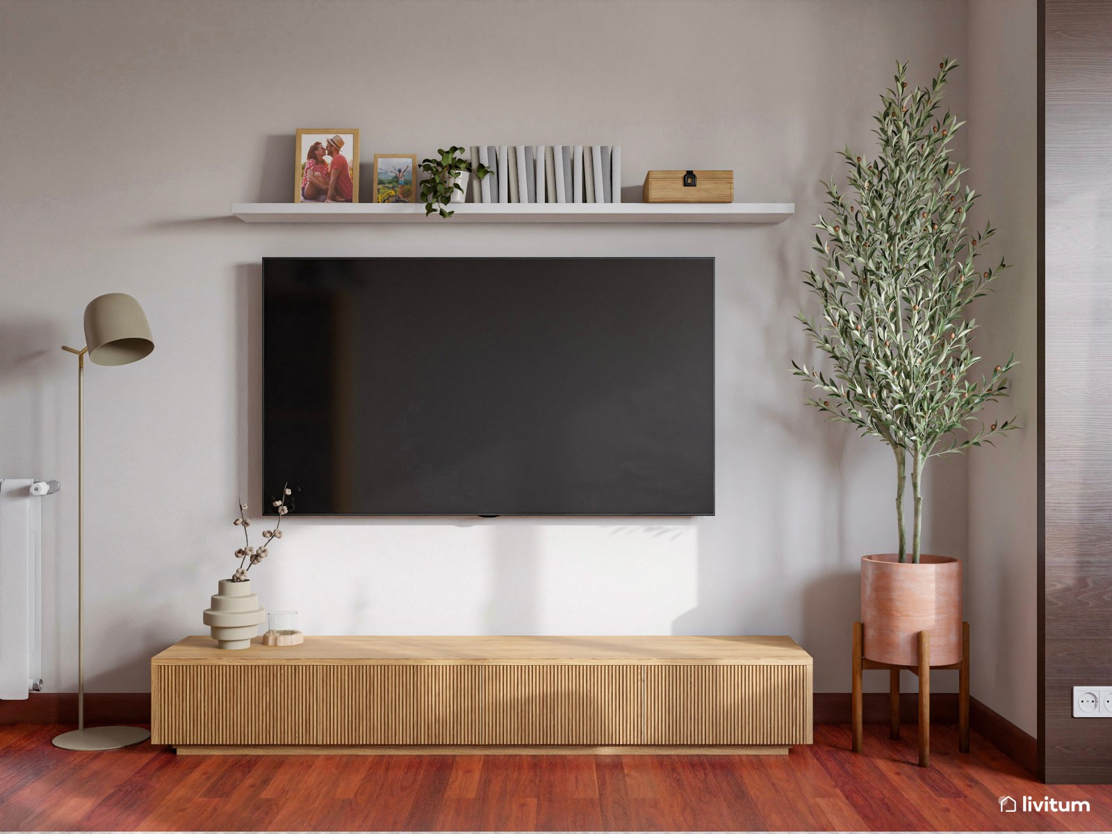 Salón comedor de tan solo 17 m² y suelo oscuro