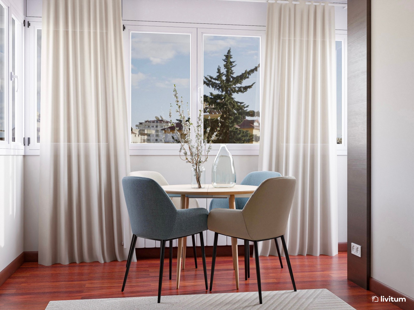Salón comedor de tan solo 17 m² y suelo oscuro