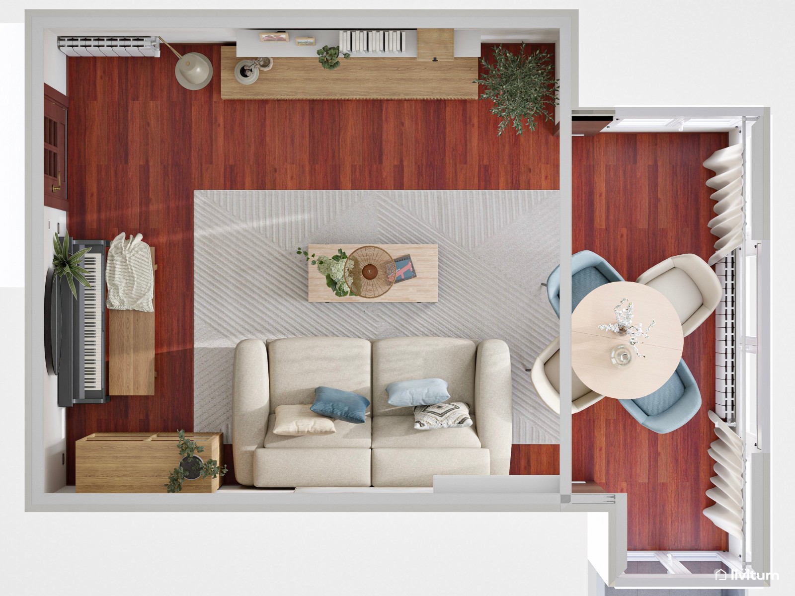 Salón comedor de tan solo 17 m² y suelo oscuro